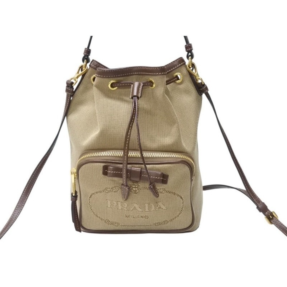 Prada Handbag Brown Leather Tan Beige Shoulder Jacquard Bag
